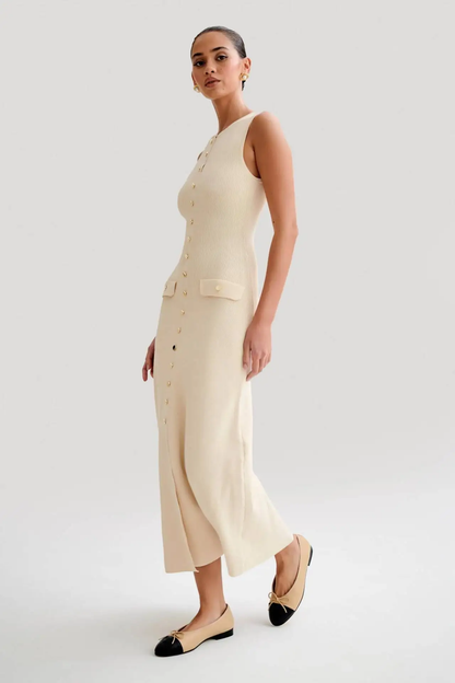 Célia – Robe Longue Sans Manches à Boutons