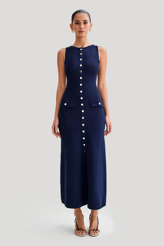 Célia – Robe Longue Sans Manches à Boutons