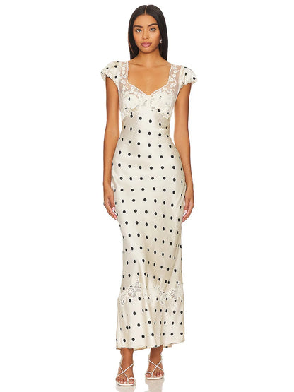 Léna – Robe Satinée à Pois et Dentelle